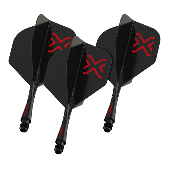 Winmau Fusion Blade X No2 Standard Flight Shaft System - Black Das Foto zeigt einen Artikel namens 8863_Winmau_Fusion_Blade_X_No2_Standard_Flights_Schwarz_22mm_1Set. Vermutlich handelt es sich um ein Set schwarzer Dart-Flights der Größe 22mm.