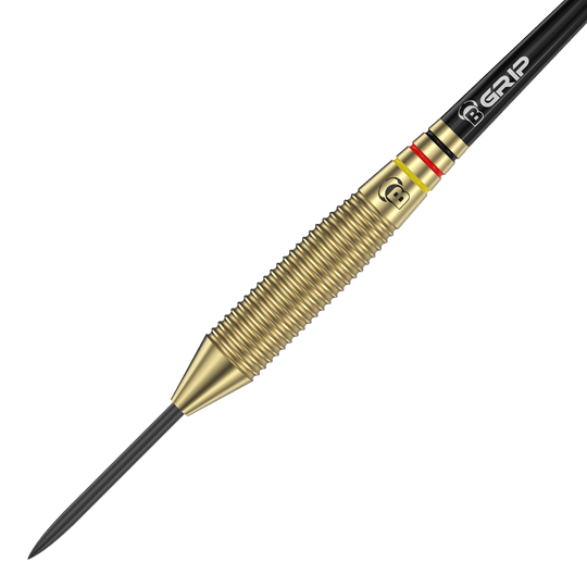 Auf dem Bild ist ein Bulls Martin Schindler The Wall Brass Steeldart zu sehen. Der Dart besitzt einen messingfarbenen, geriffelten Griffbereich und eine schwarze Spitze.