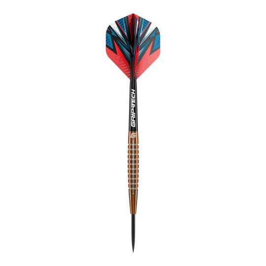 GOAT Quarterback V1 Tungsten Steel Darts Das Bild zeigt einen GOAT Quarterback V1 Tungsten Steeldart mit auffälligen roten und blauen Flights. Der Dart hat einen geriffelten, bronzefarbenen Schaft und eine schwarze Spitze.