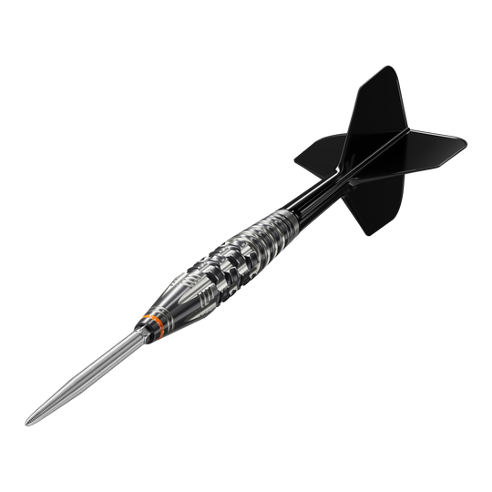 Target Japan Black Marque Dancing Duck GEN 4 steel darts Das Bild zeigt einen Steeldartpfeil mit schwarzer Spitze und schwarzen Flights, genannt "Target Japan Black Marque Dancing Duck GEN 4 Steeldarts". Der Dartpfeil hat ein silbernes, glänzendes Griffstück mit feinen Rillen und Gravuren.