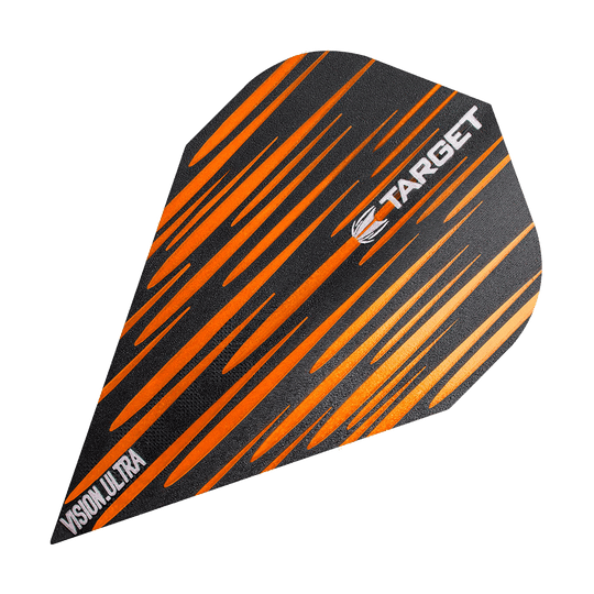 TG72_332380_Target_Vision_Ultra_Spectrum_Orange_Vapor_Flights_1zC4oRCsujUS8F Das Bild zeigt ein Dartflugblatt namens "Target Vision Ultra Spectrum Orange Vapor Flights". Es hat ein schwarzes Design mit auffälligen orangefarbenen Streifen und trägt den weißen Schriftzug "TARGET".