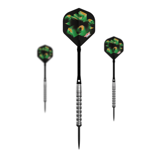 Abgebildet ist das komplette Set der Bulls NL Chaos Green Steeldarts - 24g. Das Set enthält mehrere grüne Steeldarts.