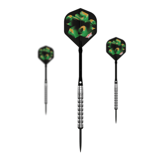 Bulls NL Chaos Green Steel Darts - 24g Abgebildet ist das komplette Set der Bulls NL Chaos Green Steeldarts - 24g. Das Set enthält mehrere grüne Steeldarts.