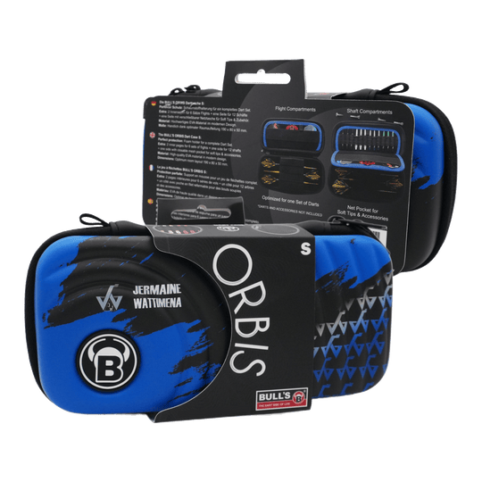 Bulls Orbis S Jermaine Wattimena dart case Das Bild zeigt das Produkt "Bulls Orbis S Jermaine Wattimena Dartcase" in blauer und schwarzer Farbe. Die Darttasche ist kompakt und eignet sich zum sicheren Aufbewahren von Dartzubehör.