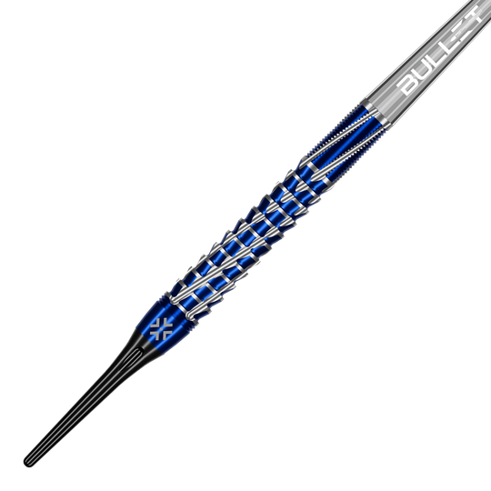 Bullet Hydra Softdarts - 20g Darts sind aufgereiht sichtbar. Das Bild hebt die Konstruktion und das glänzende Finish der Darts hervor.