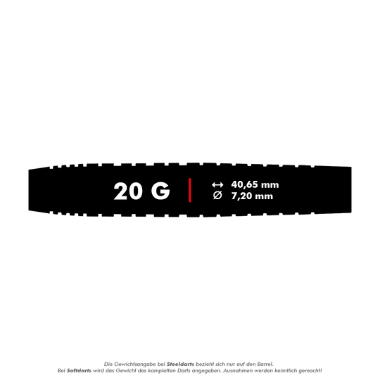 Red Dragon Luke Humphries TX3 Gold SE Softdarts - 20g Das Bild zeigt die Maße und das Gewicht der Red Dragon Luke Humphries TX3 Gold SE Softdarts. Der Dart wiegt 20 Gramm, ist 40,65 mm lang und hat einen Durchmesser von 7,20 mm.