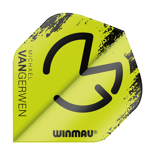 Das Bild zeigt ein Dart-Flügel (Flight) in leuchtendem Grün mit schwarzem Design und dem Logo von Winmau. Auf der linken Seite steht der Name "Michael van Gerwen".