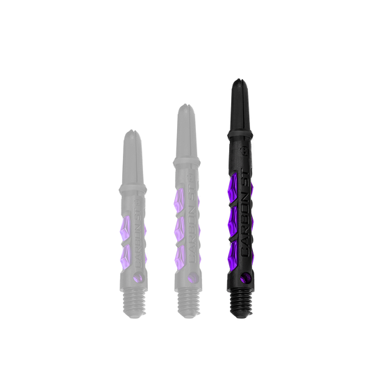 Das Bild zeigt drei Dartschäfte des Modells "Harrows Carbon ST Shafts - Lila" in verschiedenen Längen. Die Schäfte sind schwarz mit auffälligen lila Akzenten gestaltet.