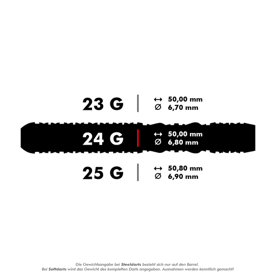 Shot Roman Empire Juno steel darts Das Bild zeigt drei verschiedene Varianten von Steeldarts mit den Gewichten 23 g, 24 g und 25 g sowie deren jeweilige Maße. Die genauen Längen und Durchmesser der Darts sind für jede Gewichtsklasse angegeben.