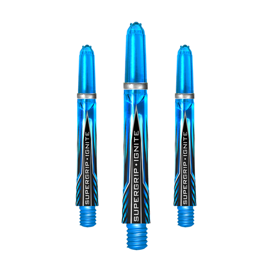 Das Bild zeigt drei blaue Harrows Supergrip Ignite Shafts in der Farbe Aqua. Die Schrift "SUPERGRIP IGNITE" ist auf jedem Schaft zu sehen.