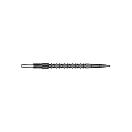 Target Swiss Point Chrono Dart Tips - Black Das Bild zeigt eine schwarze Dartspitze mit einem geriffelten Griffbereich. Die Spitze ist lang und schlank geformt.
