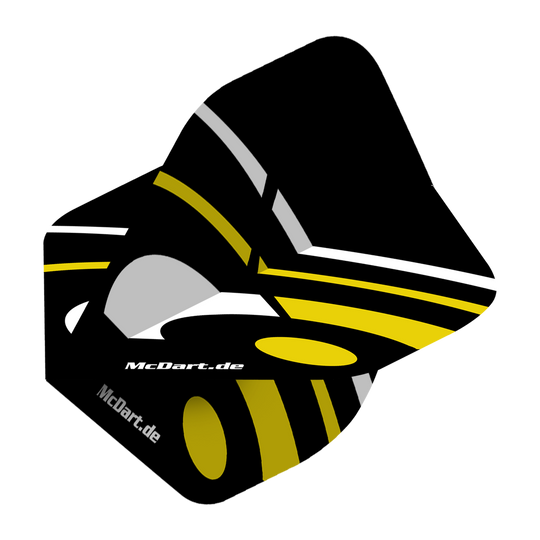 McDart ID Standard Flights - Yellow Das Bild zeigt einen McDart ID Standard Flight in Gelb mit schwarzen, gelben und grauen Designelementen. Auf dem Flight steht der Schriftzug "McDart.de".