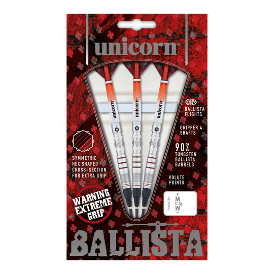 Unicorn Ballista Style 3 soft darts Das Bild zeigt eine Packung "Unicorn Ballista Style 3 Softdarts" mit drei Dartpfeilen. Die Verpackung hebt das symmetrische Hex-Muster für zusätzlichen Grip und 90% Tungsten-Barrels hervor.