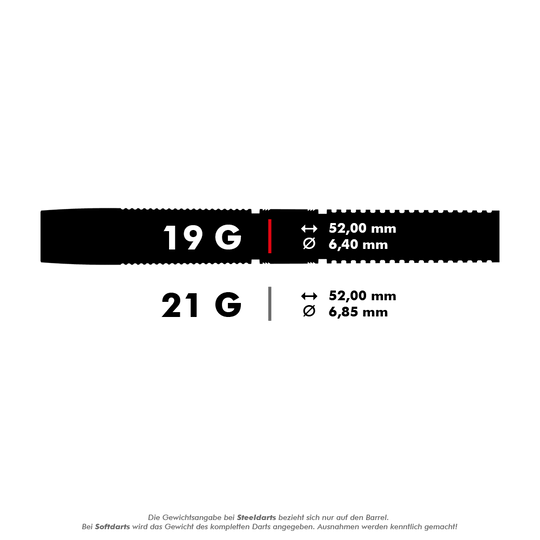 210048_Target_Gabriel_Clemens_2020_Softdarts_5_19g Das Bild zeigt die Maße und Gewichte der Target Gabriel Clemens Generation One Softdarts. Es gibt sie in 19 Gramm (52,00 mm Länge, 6,40 mm Durchmesser) und 21 Gramm (52,00 mm Länge, 6,85 mm Durchmesser).