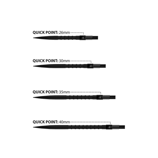 Harrows Quick Point Heavy Metal Dart Tips - Black Das Bild zeigt Harrows Quick Point Heavy Metal Dartspitzen in Schwarz. Sie sind robust und für präzise Würfe geeignet.