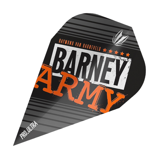 TG65_334350_TargeT_ProUltra_Barney_Army_Black_Vapor_Flights_1 Das Bild zeigt ein Dart-Flight mit der Aufschrift "BARNEY ARMY" in schwarzen, weißen und orangenen Farben. Oben steht "Raymond van Barneveld" und unten links ist "Pro.Ultra" zu sehen.