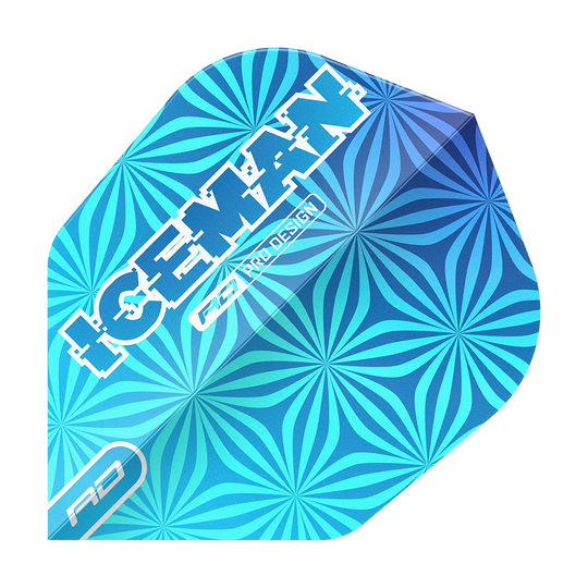 Red Dragon Gerwyn Price Iceman Blue No6 Flights Das Bild zeigt einen blauen Dart-Flight mit einem auffälligen geometrischen Muster. Auf dem Flight steht in weißen Buchstaben das Wort „ICEMAN“ sowie „RD PRO DESIGN“.