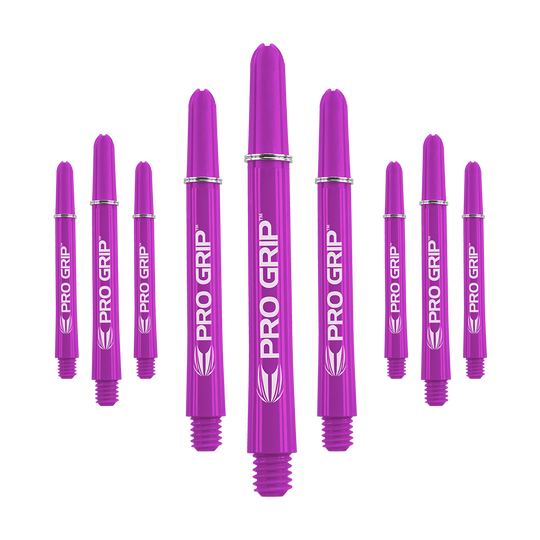 Target Pro Grip Shafts - 3 Sets - Purple Das Bild zeigt neun lila Dartschäfte der Marke "Pro Grip". Sie sind in drei Gruppen angeordnet, jeweils drei in der Mitte, links und rechts.