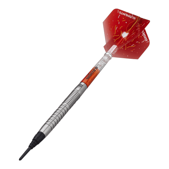 Unicorn Core XL Striker Style 1 Soft Darts - 19g Das Bild zeigt einen Unicorn Core XL Striker Style 1 Softdart mit 19g Gewicht. Der Dart hat eine silberne, geriffelte Spitze und rote Flights mit einem auffälligen Design.