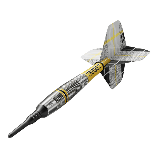 Das Bild zeigt einen Target Scott Williams GEN2 Softdart mit einem Gewicht von 18 Gramm. Der Dart hat ein silbernes Barrel mit gelben Akzenten und einen schwarz-gelben Flight.