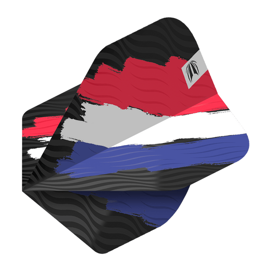 TG12_335770_Target_ProUltra_Flag_Holland_No2_Standard_Flights_2 Das Bild zeigt das Produkt „Target ProUltra Flag Holland No2 Standard Flights“. Die Dart-Flights sind in den Farben der niederländischen Flagge gestaltet: Rot, Weiß und Blau.