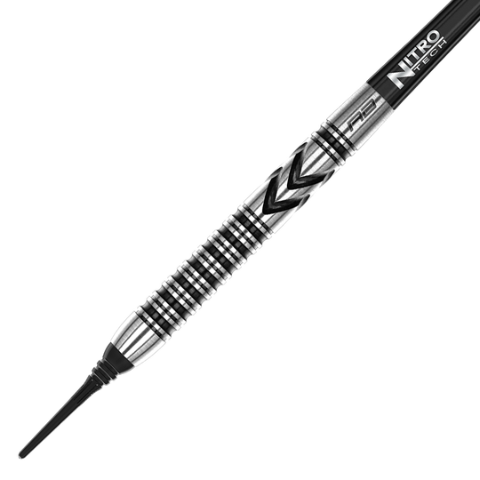 Das Bild zeigt den Red Dragon Gerwyn Price Thunderbolt Softdart mit einem Gewicht von 20g. Der Dart ist silberfarben mit schwarzen Rillen und einer markanten Gravur.
