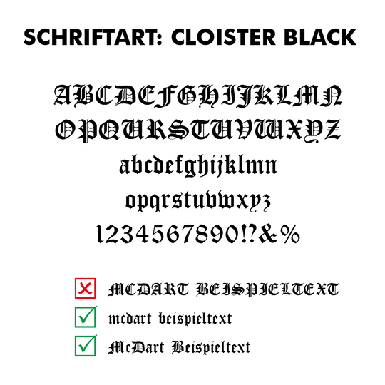 Flightdruck_Schriftart_Cloister_Blackopc4EVY6x4RB7 Das Bild zeigt die Schriftart "Cloister Black" mit Beispielbuchstaben und -zahlen. Unten werden richtige und falsche Schreibweisen für personalisierten Text angezeigt.