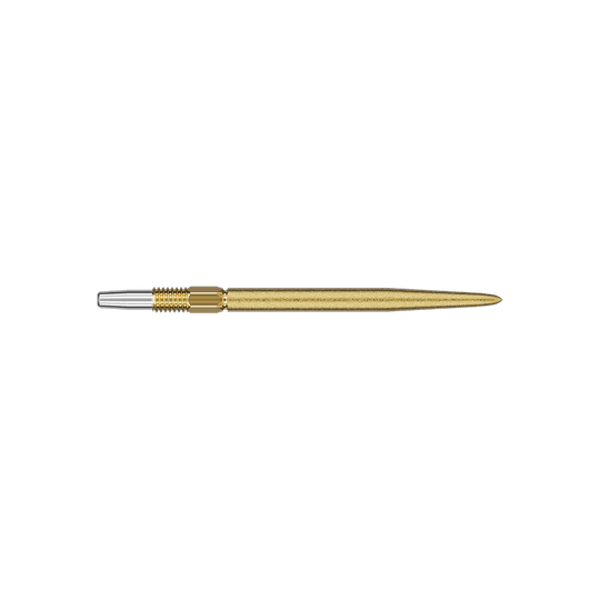 Target Swiss Point SLK dart tips - gold Das Bild zeigt eine goldene Dartspitze mit einem silbernen Anschlussstück. Die Spitze ist schlank und etwa 30 mm lang.