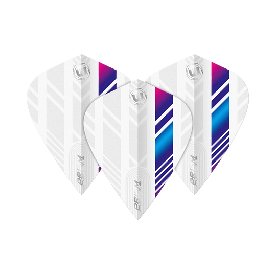 Winmau Delta White Blue Purple Kite Flights Das Bild zeigt drei Winmau Delta White Blue Purple Kite Flights. Die Flights sind überwiegend weiß mit blauen, lila und pinken Streifen.