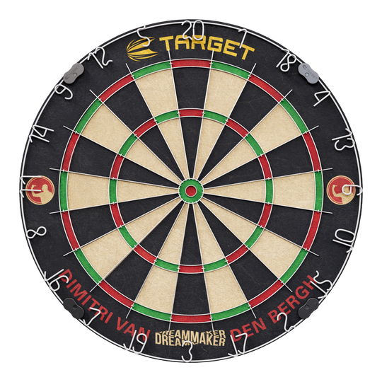 Das Bild zeigt eine Steeldartscheibe mit dem Namen "Target Dimitri Van Den Bergh Steeldartboard Set". Am unteren Rand steht der Schriftzug "Dimitri Van Den Bergh" und in der Mitte unten "Dreammaker".