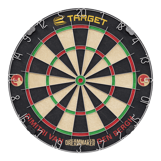 Target Dimitri Van Den Bergh steel dartboard set Das Bild zeigt eine Steeldartscheibe mit dem Namen "Target Dimitri Van Den Bergh Steeldartboard Set". Am unteren Rand steht der Schriftzug "Dimitri Van Den Bergh" und in der Mitte unten "Dreammaker".