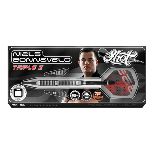 Shot Niels Zonneveld V2 steel darts Auf dem Bild ist die Verpackung der "Shot Niels Zonneveld V2 Steeldarts" zu sehen. Die Verpackung zeigt einen Dartpfeil, das Logo und ein Porträt von Niels Zonneveld.