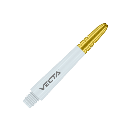 Dies ist ein weißer Dartshaft mit goldenem oberen Ende. Auf dem Schaft steht das Wort "VECTA".