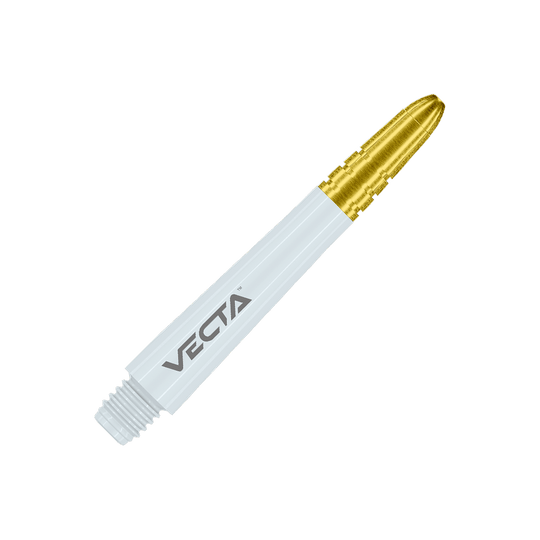 Winmau Vecta Shafts - Weiß Gold Dies ist ein weißer Dartshaft mit goldenem oberen Ende. Auf dem Schaft steht das Wort "VECTA".