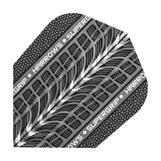 Das Bild zeigt die Harrows Supergrip Weiß No6 Flights. Es handelt sich um weiße Dart-Flights für präzises Spiel.