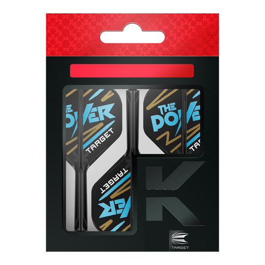 Target K-Flex Phil Taylor No2 Standard Flight Shaft System Das Bild zeigt eine Packung „Target K-Flex Phil Taylor No2 Standard Flights“. Die Flights sind überwiegend schwarz und weiß mit blauen und goldenen Akzenten und der Aufschrift „The Power“.