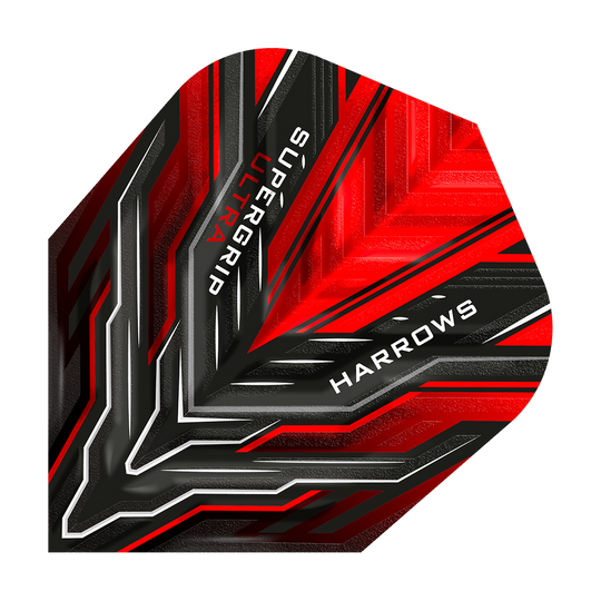 Das Bild zeigt ein Harrows Supergrip Ultra Red Standard Flight für Dartpfeile. Das Design ist überwiegend rot mit schwarzen und silbernen Akzenten und weißen Schriftzügen.