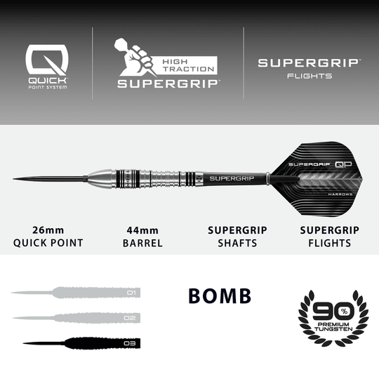 Harrows Supergrip Bomb Quick Point Steel Darts Dies ist ein Bild der Harrows Supergrip Bomb Quick Point Steeldarts. Die Steeldarts zeichnen sich durch ihren besonders guten Grip aus.