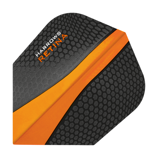 Dies ist ein Harrows Retina Orange No6 Flight für Dartpfeile. Das Design ist überwiegend schwarz mit einem auffälligen orangen Streifen und Wabenmuster.
