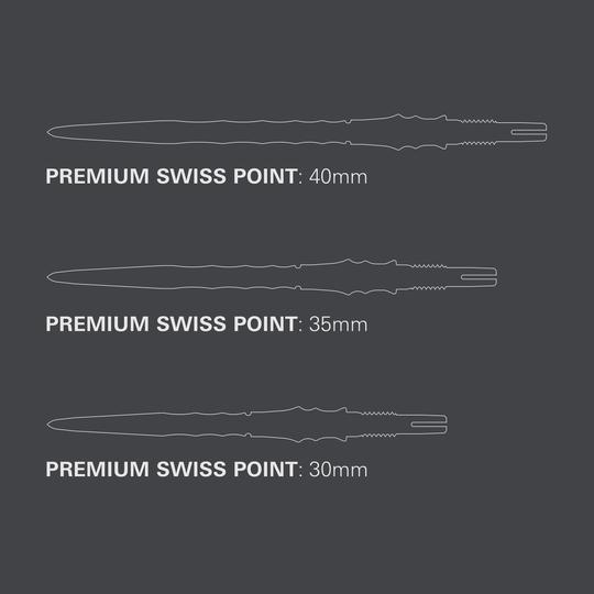 Zu sehen sind die Target Japan Premium Swiss Point Steldartspitzen - Schwarz. Die Dartspitzen sind in einem modernen schwarzen Design gehalten.