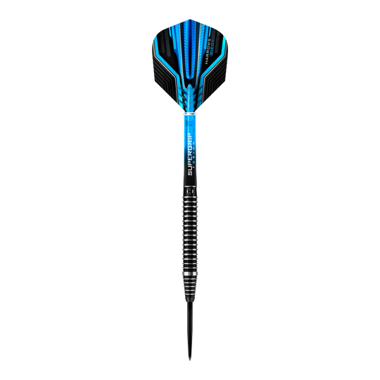 Das Bild zeigt einen Harrows Siege Steeldart mit einem modernen, blauen Design. Der Dartpfeil besitzt eine geriffelte Griffzone und einen schwarzen Stahlspitze.