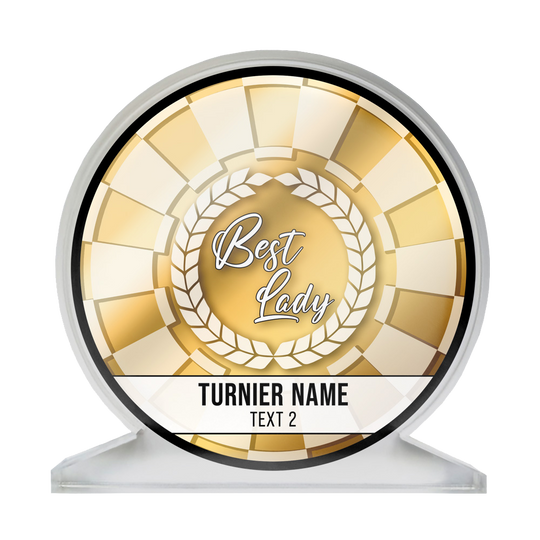 ACP-BL_Acrylglas_Pokal_mit_Wunschdruck_Text_BestLadyGold_1 Auf dem Bild ist ein runder Acrylglas-Pokal mit goldenen Verzierungen zu sehen. In der Mitte steht „Best Lady“ und darunter können ein Turniername und ein weiterer Text individuell eingefügt werden.