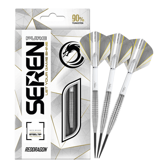 Das Bild zeigt die "Red Dragon Seren 4 Pure Steeldarts" mit einer eleganten Verpackung. Drei silberne Steeldarts mit weißen Flights liegen neben der Packung, die 90% Tungsten hervorhebt.