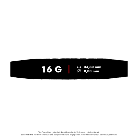 McDart 85 Tungsten V6 Soft Darts - 16g Das Bild zeigt die Produktinformationen zu den McDart 85er Tungsten V6 Softdarts mit einem Gewicht von 16 Gramm. Die Darts sind 44,80 mm lang und haben einen Durchmesser von 8,00 mm.