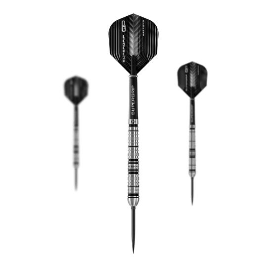 Das Produktbild präsentiert die Harrows Supergrip QP Tapered Quick Point Steeldarts. Diese Darts zeichnen sich durch ihre spezielle Form und hochwertige Verarbeitung aus.