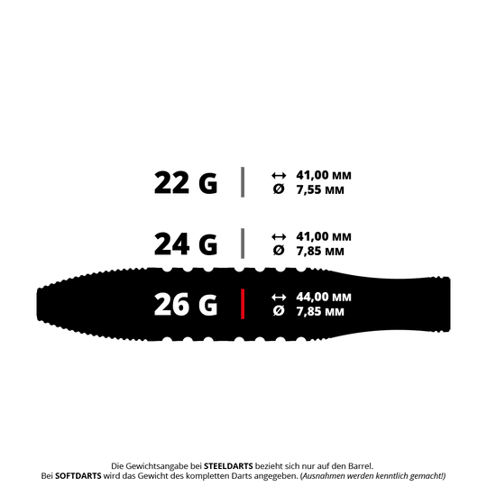 Target Phil Taylor Gx2 Swiss Point Steel Darts Abgebildet ist ein Target Phil Taylor Gx2 SP Steeldart mit 26g. Es handelt sich um ein Foto eines einzelnen Dartpfeils.