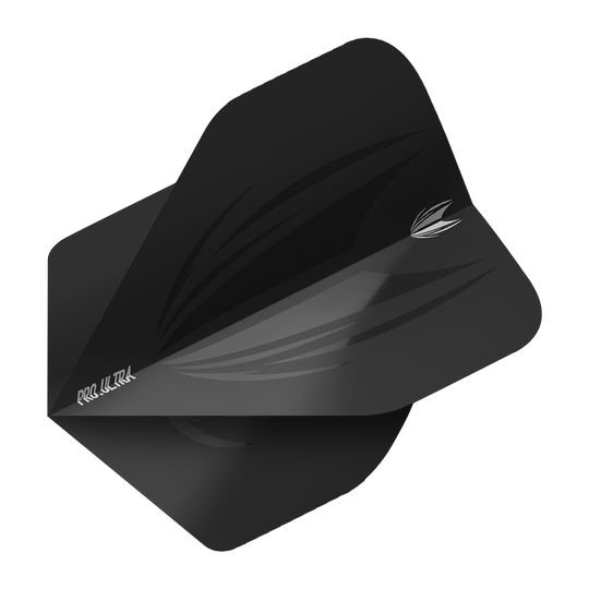 Das Bild zeigt das Produkt "Target ProUltra ID Black No2 Standard Flights". Es handelt sich um ein schwarzes Dart Flight mit dezentem Muster und weißem Aufdruck.