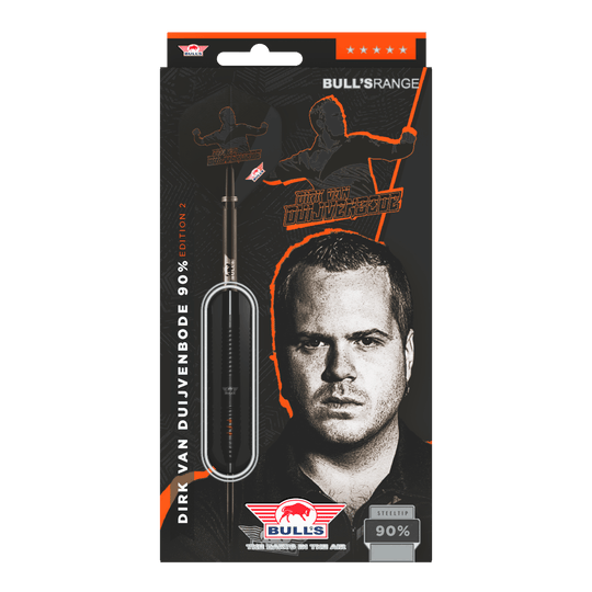 Bulls NL Dirk Van Duijvenbode Edition 2 steel darts Die Abbildung zeigt die Verpackung der "Bulls NL Dirk Van Duijvenbode Edition 2 Steeldarts". Auf der Verpackung ist ein Bild von Dirk Van Duijvenbode sowie ein Dartpfeil zu sehen.
