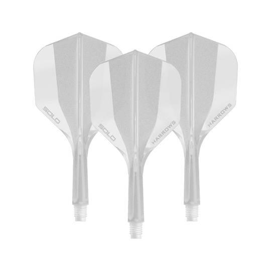 Zu sehen ist ein Harrows Solo No6 Flight Shaft System in klarer Ausführung, 20mm, als Set. Das Produkt wird als Ersatzteil für Dartpfeile verwendet.