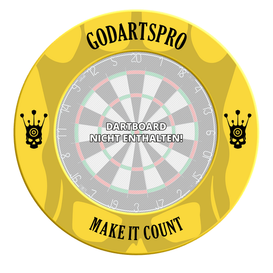 Abgebildet ist ein gelber Dartboard-Surround aus der GoDartsPro-Serie. Das Produkt bietet Schutz für die Wand und das Dartboard.